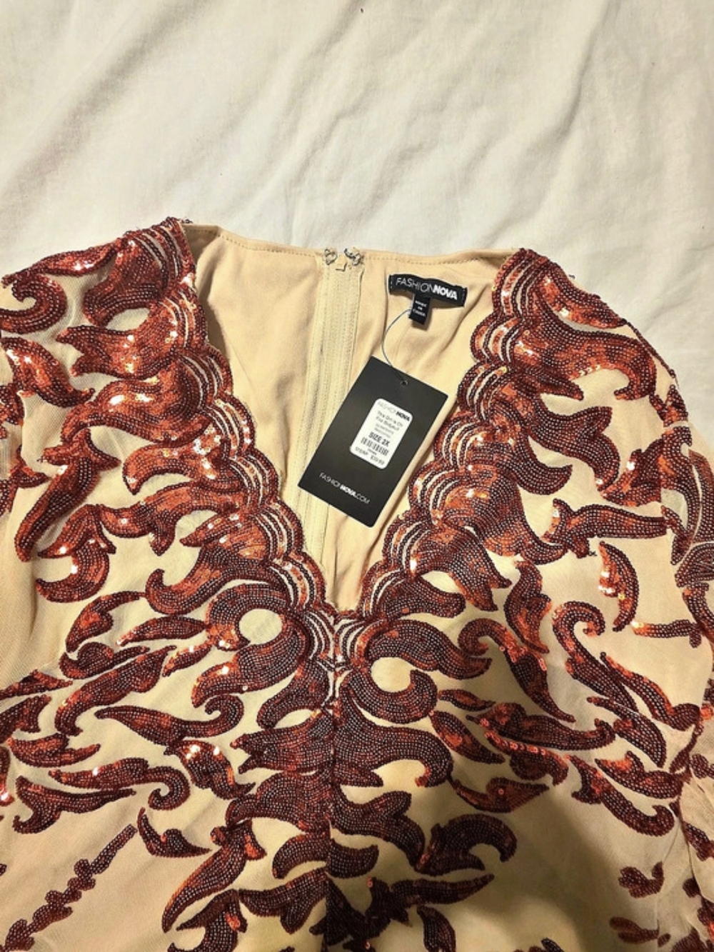 Fashion Nova Fire Girl Is On Fire Bodysuit Beige & Red